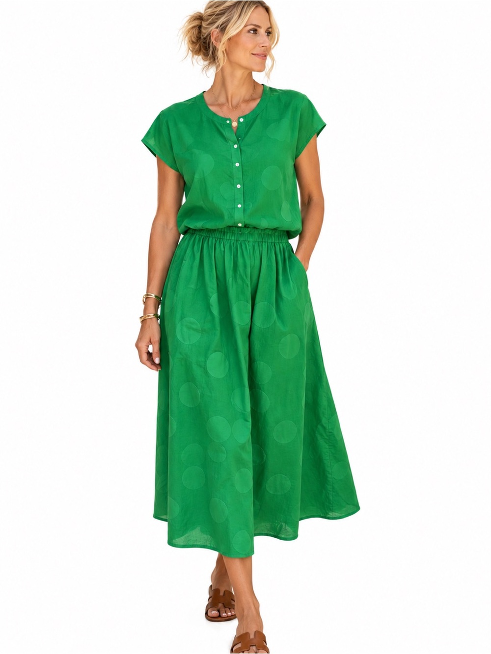 Compañia Fantastica Green Polka Dot Button Front Top (only) Size S